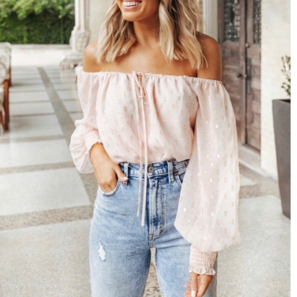 WAYF strapless metallic pink chiffon blouse